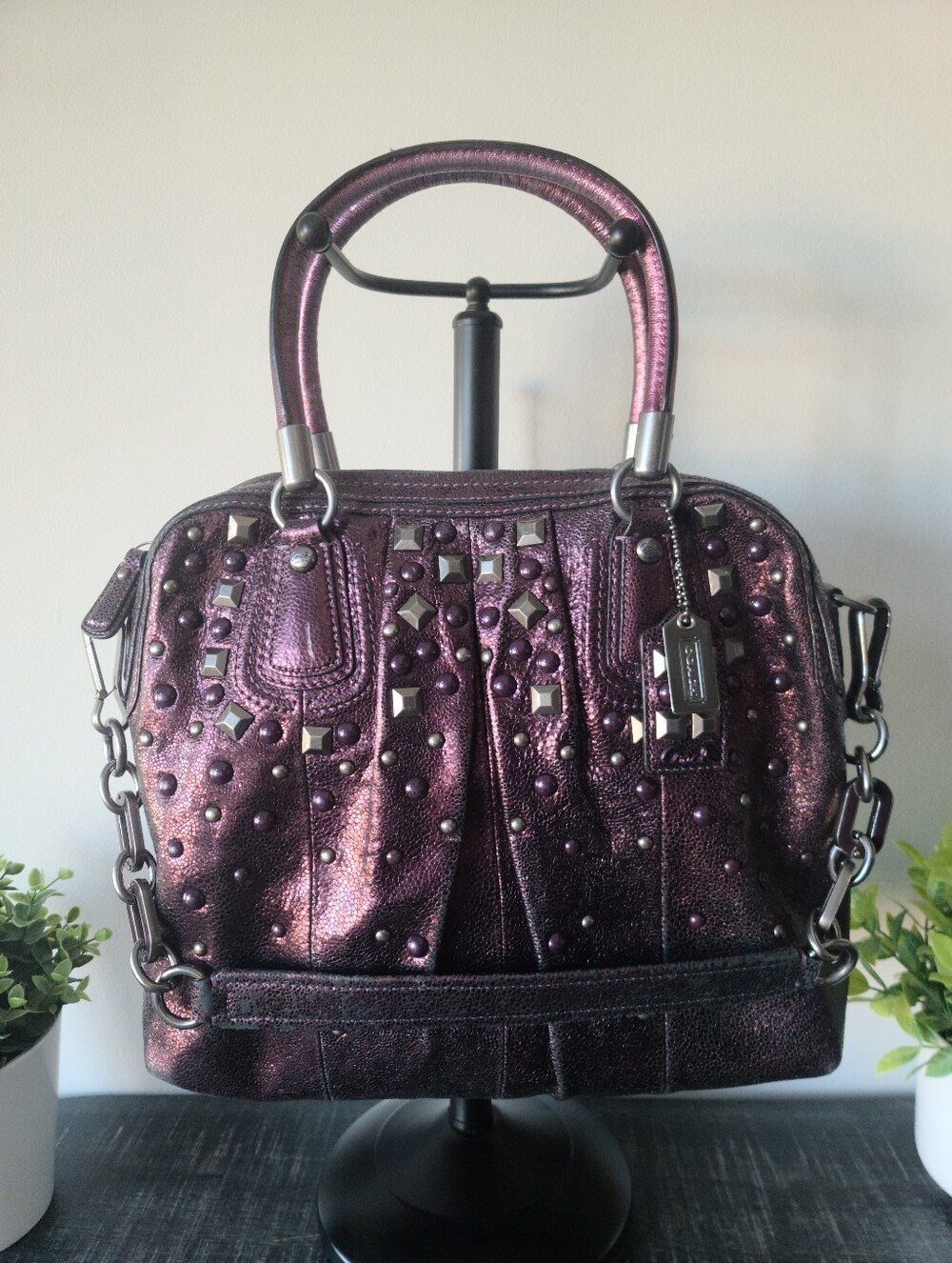 Coach Vintage Kristin Metallic Studded Plum Leather Shoulder Bag #15360